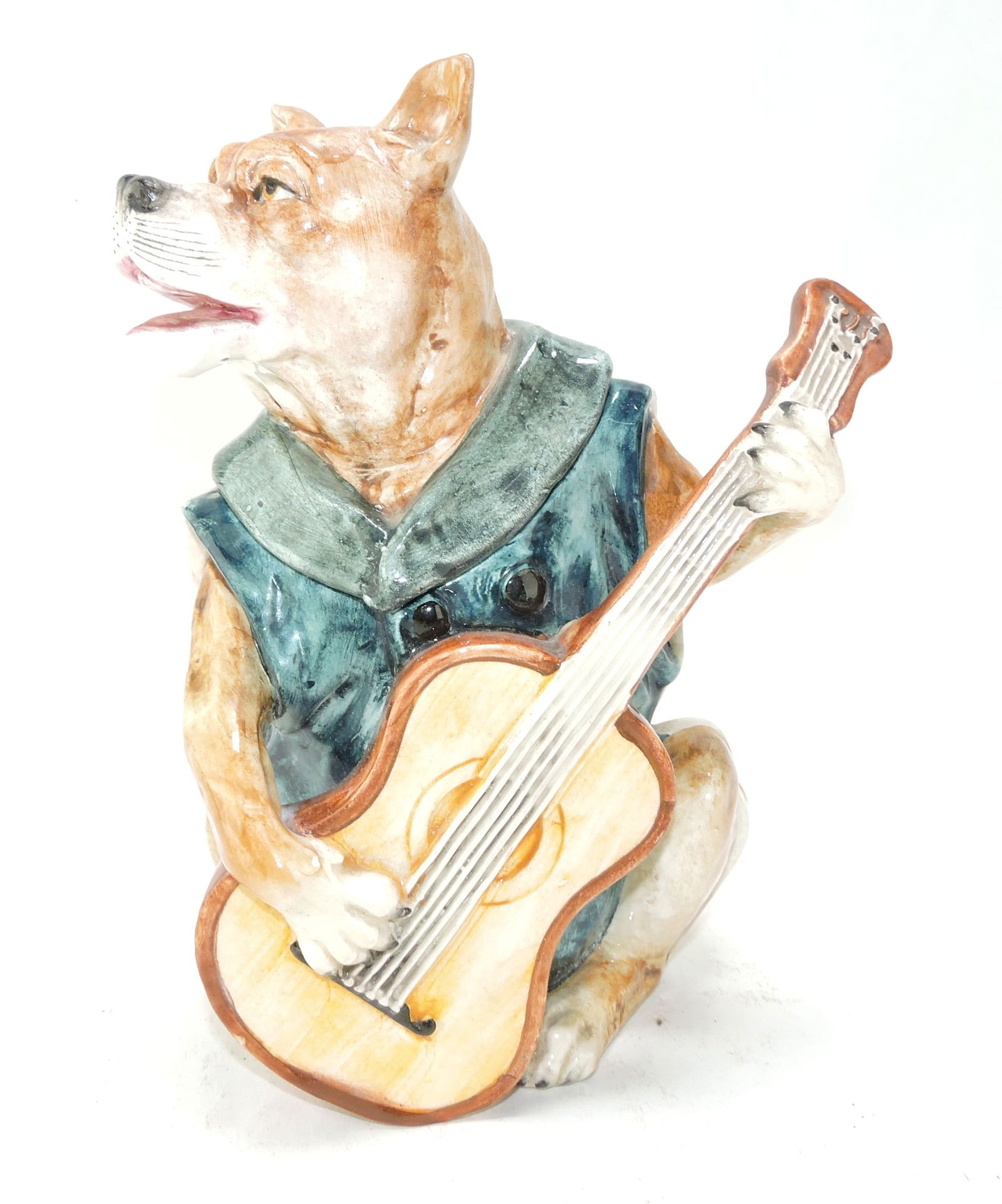 Majolica figural tobacco jar of a: dog with a guitar, 7 1/2", ref. Figural Humidors by Horowitz #599
