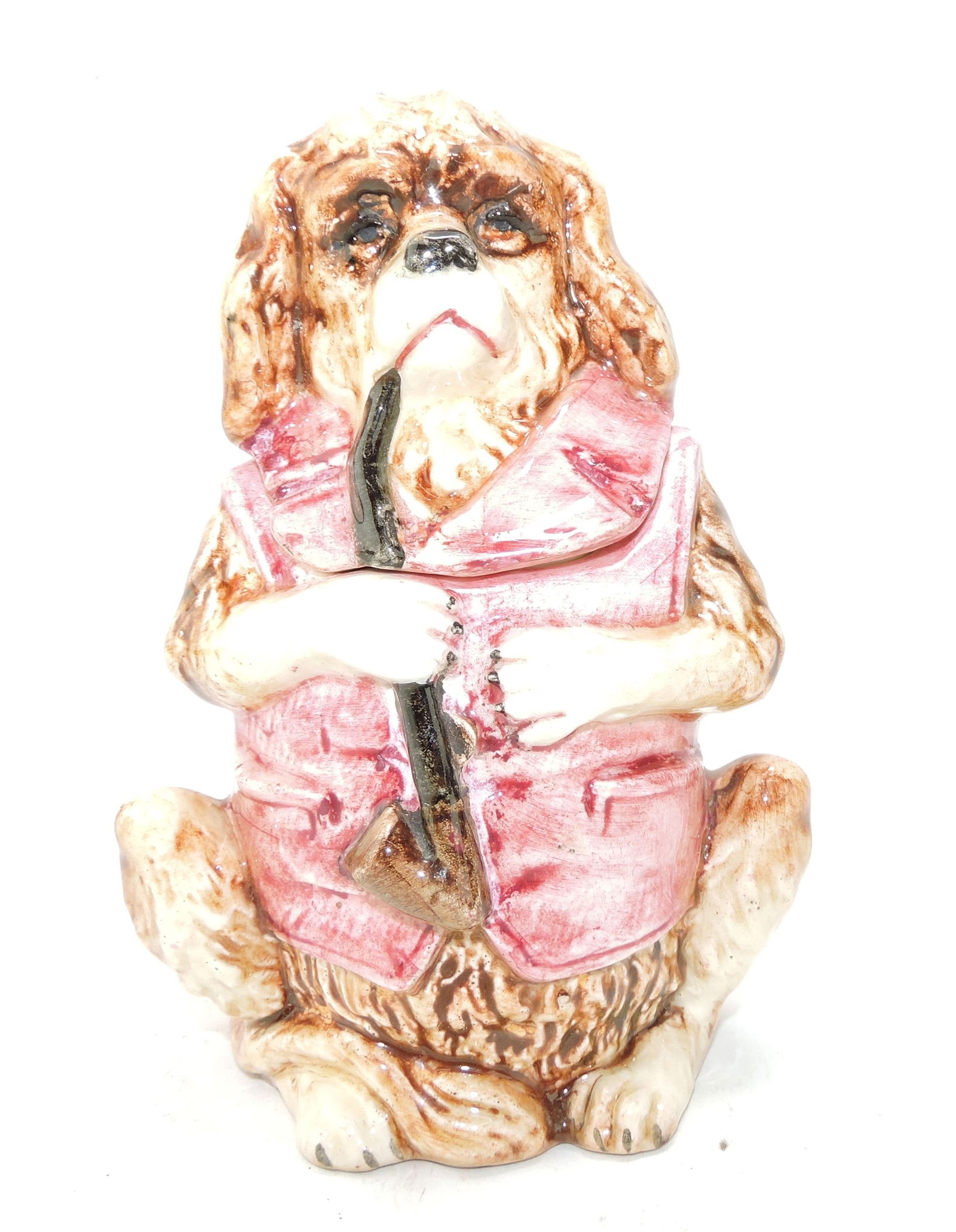 Majolica figural tobacco jar of a: dog with pipe and red smoking jacket, 6 1/2", ref. Figural Humidors by Horowitz #603