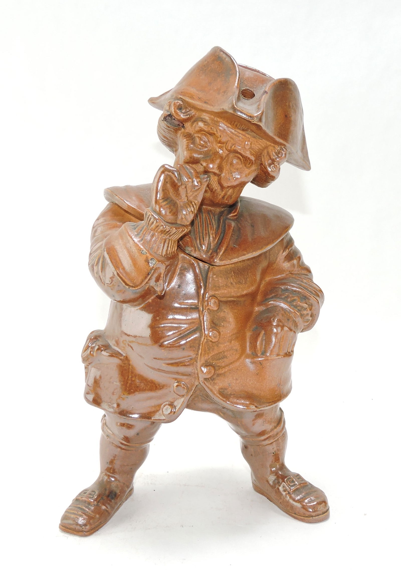 William Kent stoneware figural: tobacco jar of male snuff taker, 11", ref. Figural Humidors by Horowitz #517