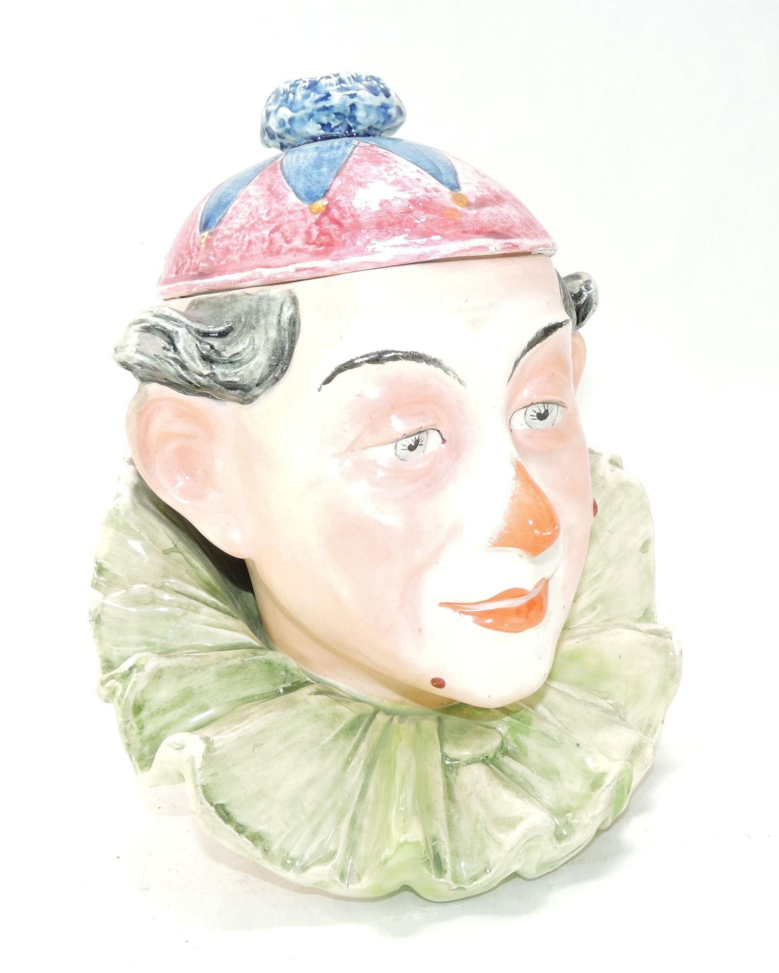 Majolica figural tobacco jar of a: clown, 10"