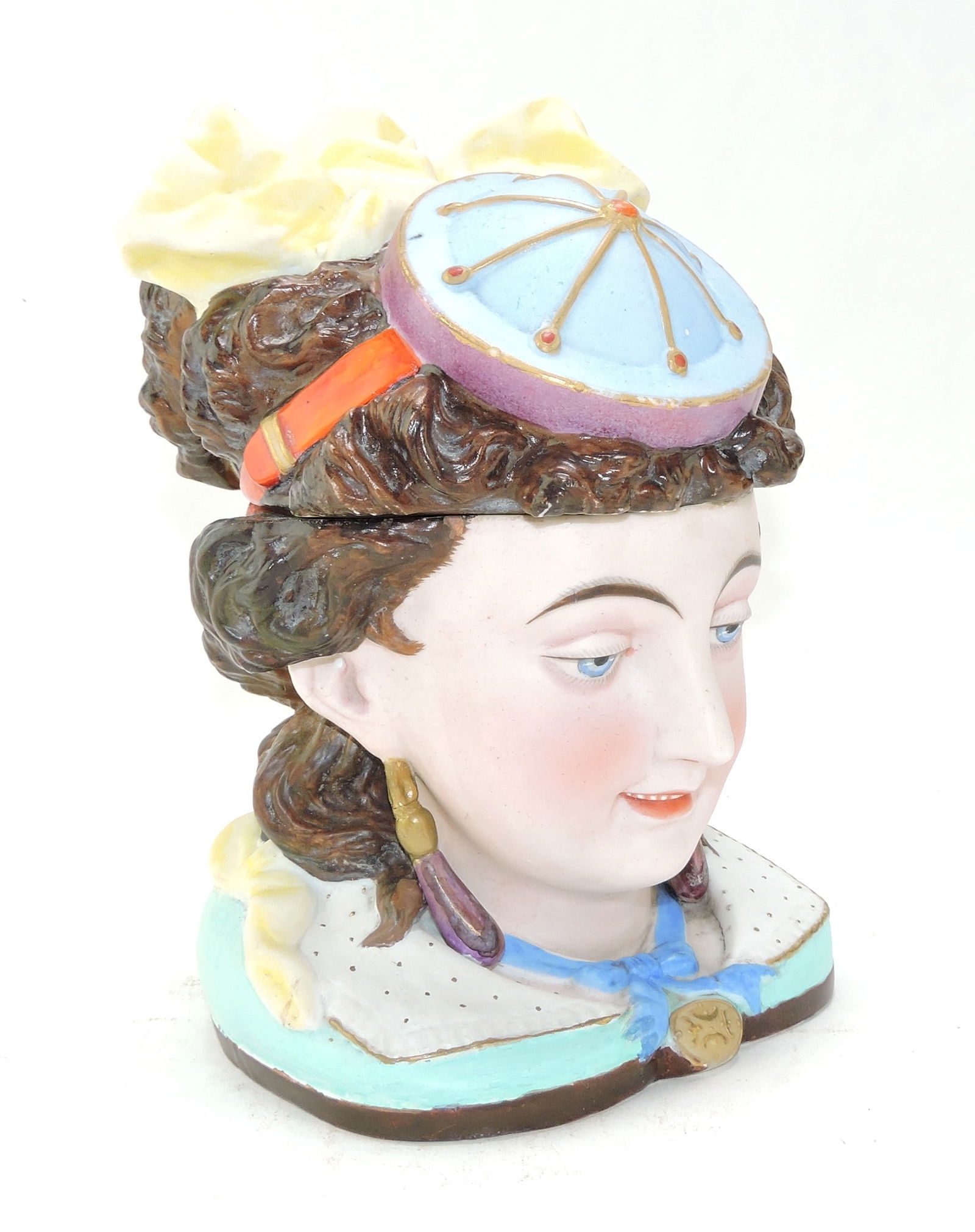 Elegant porcelain lady head figural: tobacco jar, 9", ref. Figural Humidors by Horowitz #156