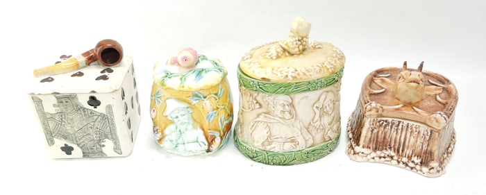Majolica lot of 4 figural tobacco jars,