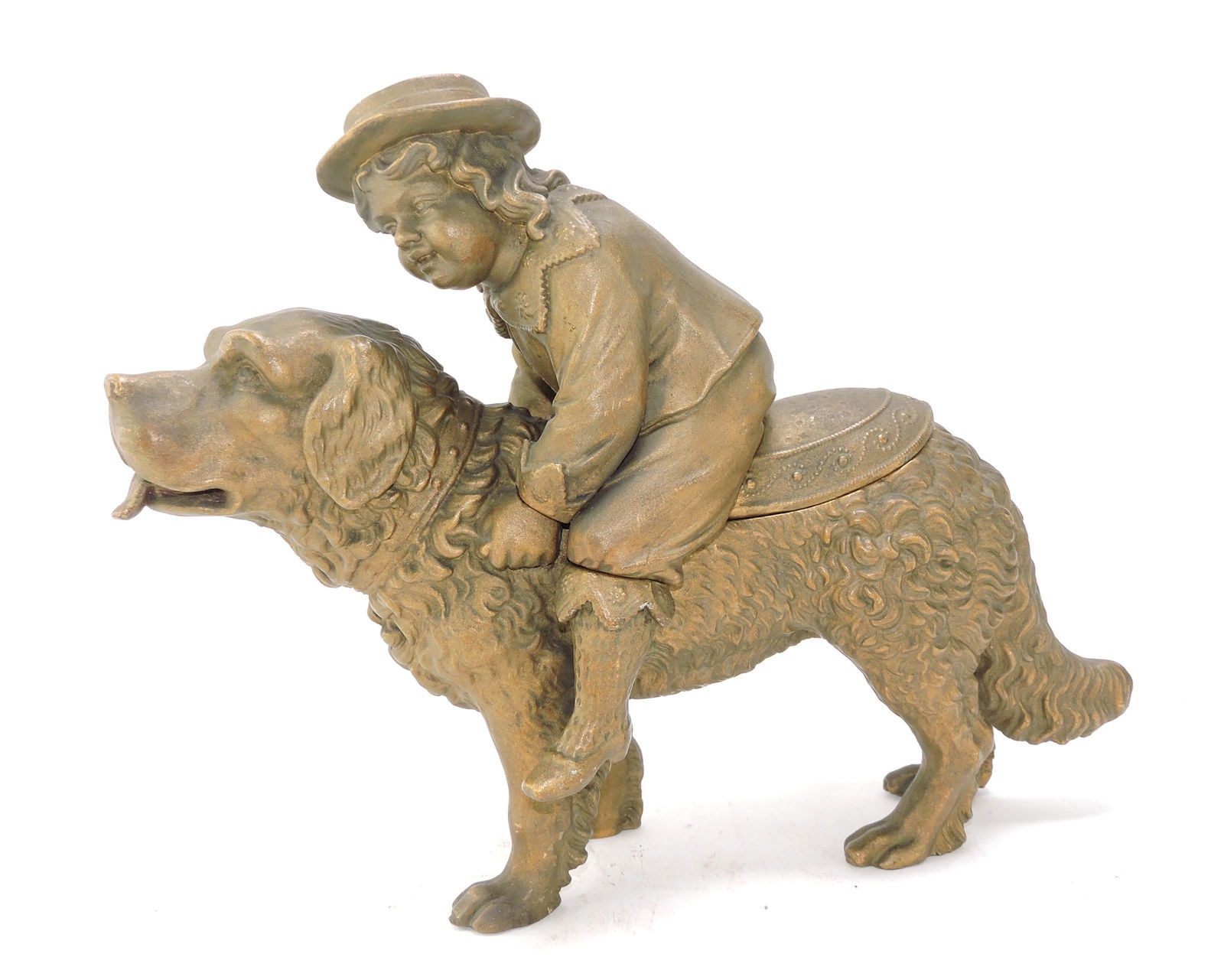 Large terra cotta figural tobacco: jar of a boy riding a dog, 11"h, 14"l