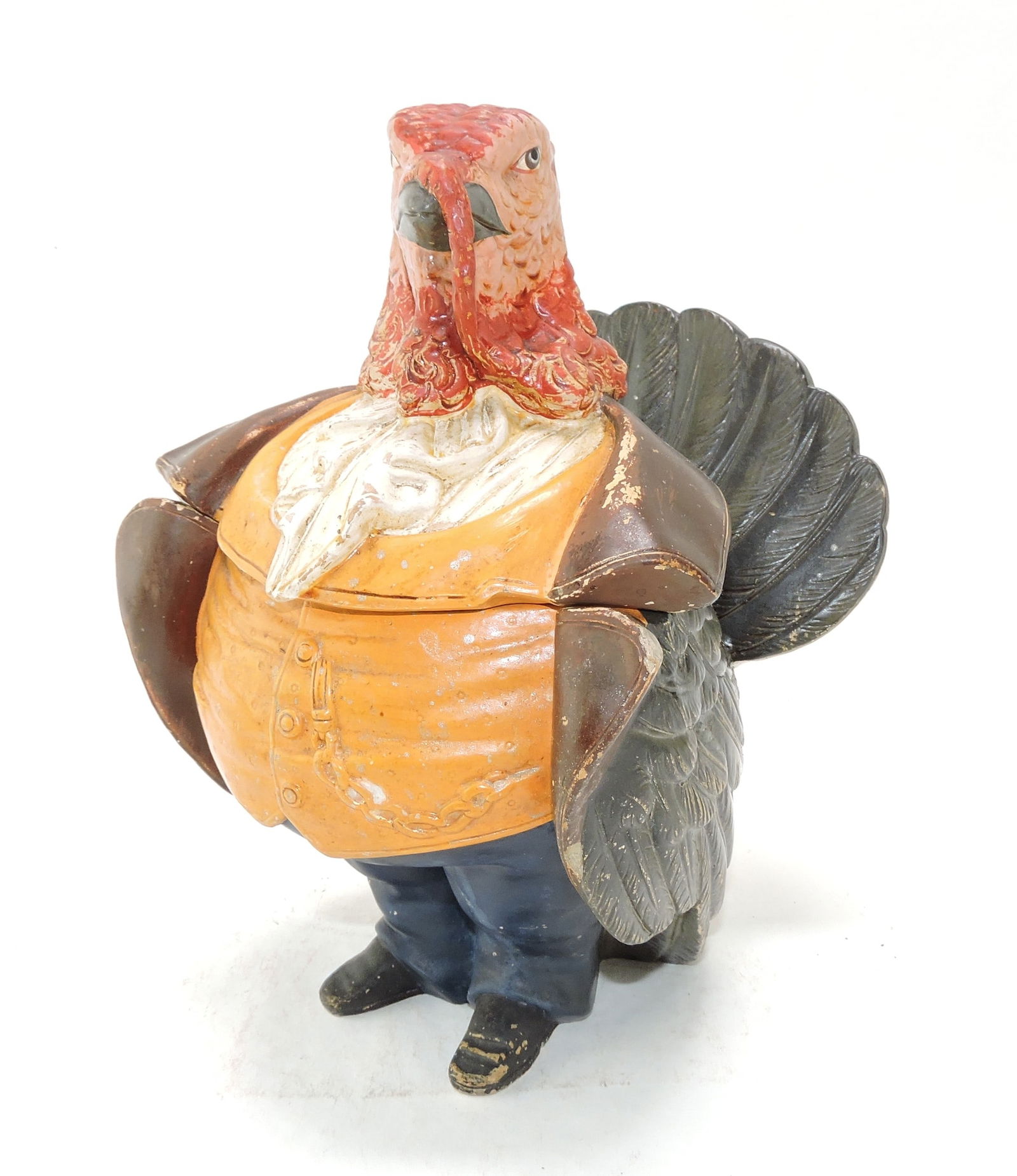 J. Maresch 92 large terra cotta: figural tobacco jar of a turkey with cigar holder in tail, 9 1/2", ref. Figural Humidors by Horowitz #735, minor wear