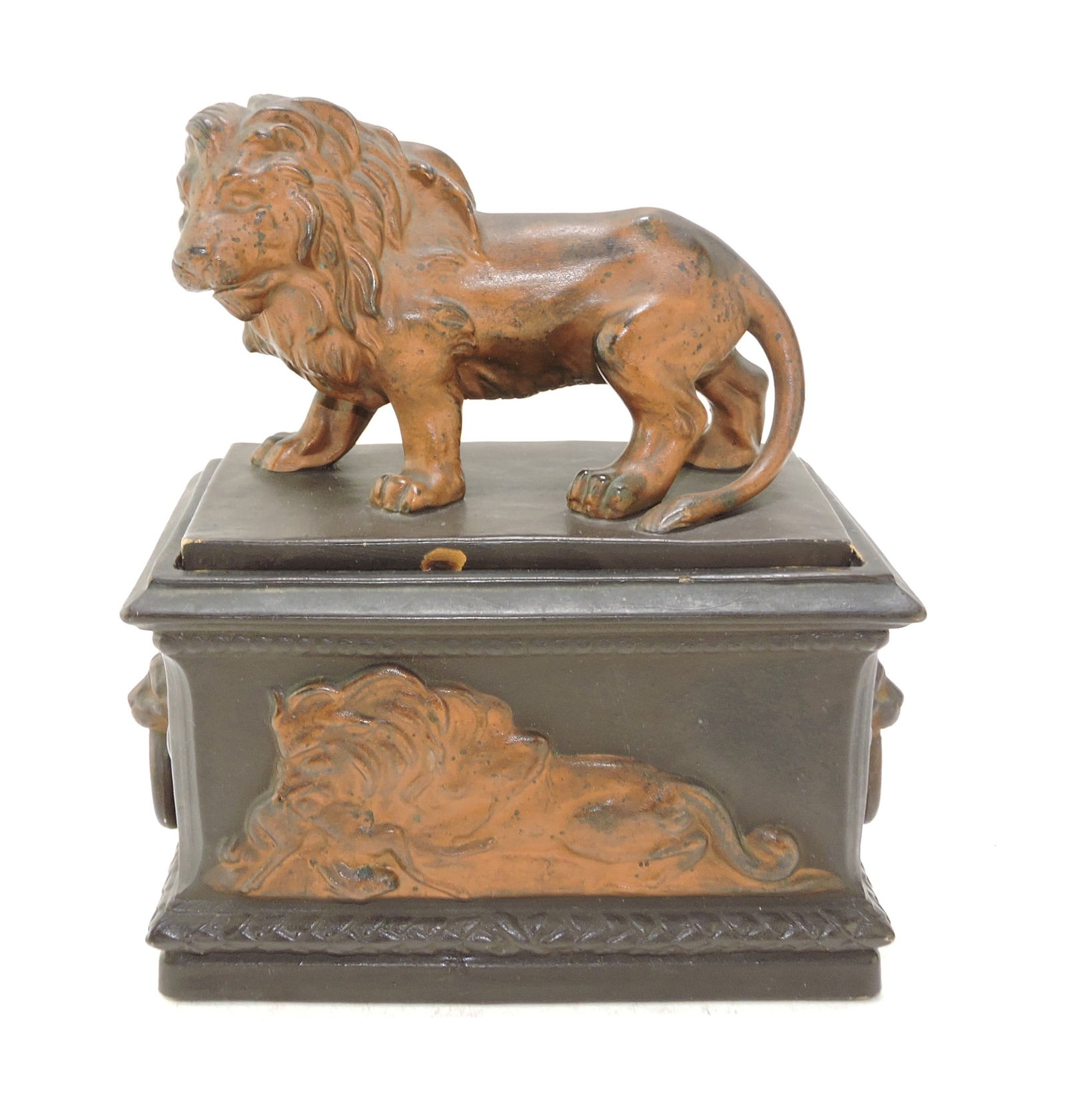 WS & S terra cotta figural tobacco: jar with lion on box, 8"