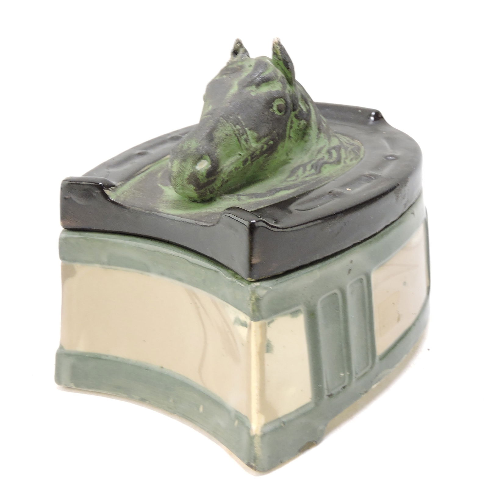 Austrian tobacco jar in the form of a: horse show with horse head on lid, 5"