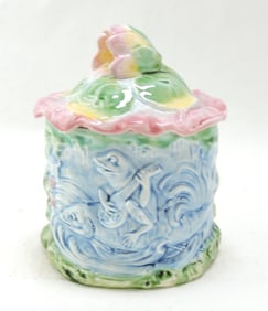 Majolica humidor with frog riding a