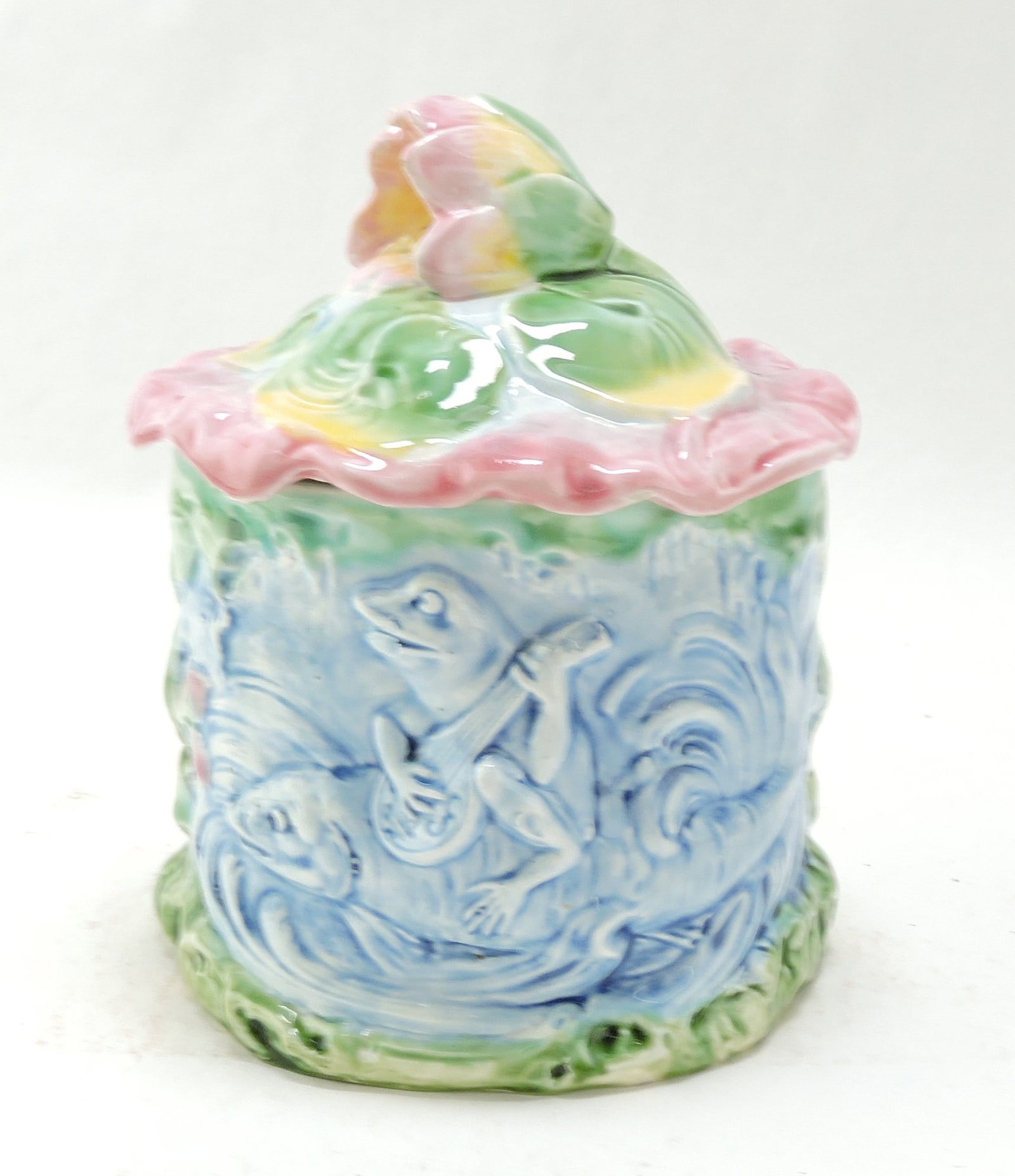 Majolica humidor with frog riding a: fish with water lily cover, 7 1/2"