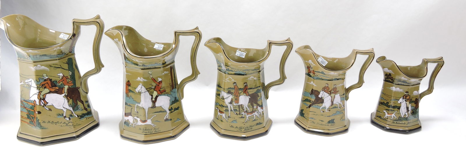Buffalo Pottery Deldare Ware: Fallonfield set of 5 graduated pitchers, 6" to 10"
