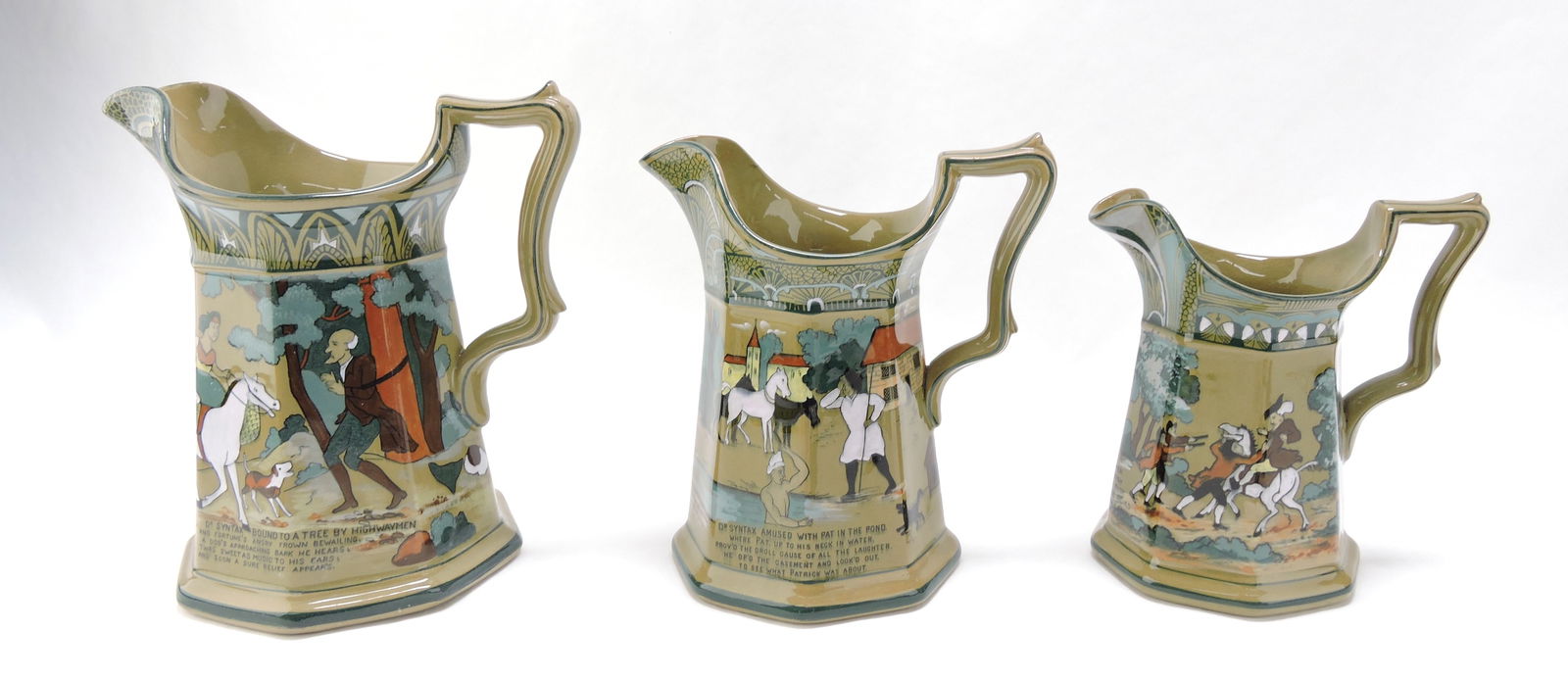 Buffalo Pottery Deldare Ware: Emerald set of 3 graduated pitchers, 6" to 8"