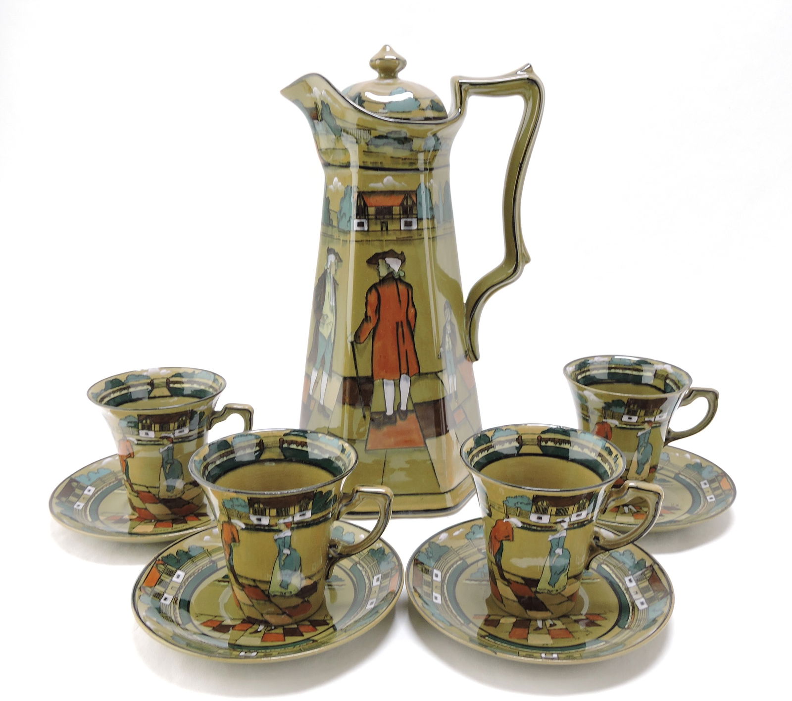 Buffalo Pottery Deldare Ware: chocolate set with 10 1/2" chocolate pot and 4 cups/saucers