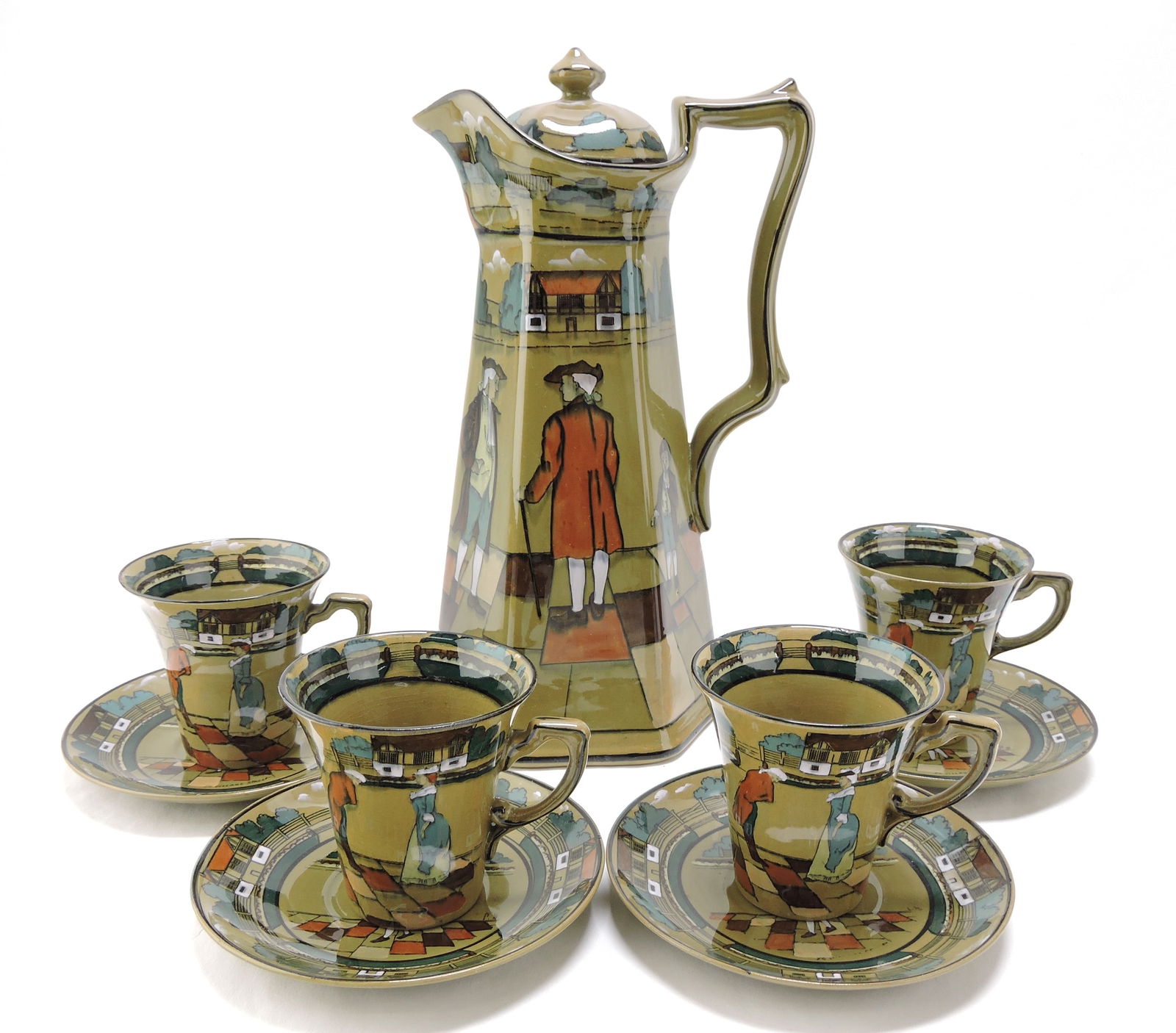 Buffalo Pottery Deldare Ware: chocolate set with 10 1/2" chocolate pot and 4 cups/saucers