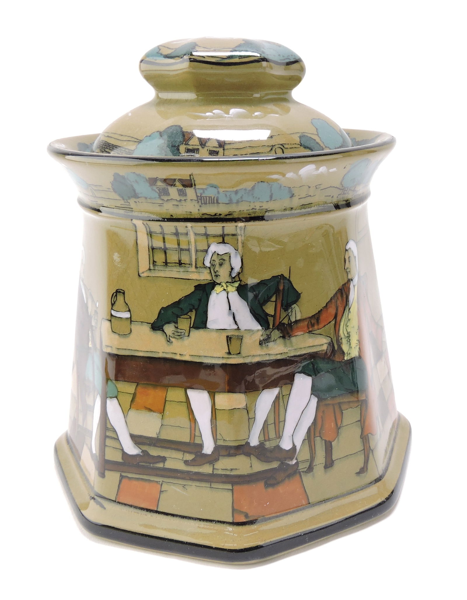 Buffalo Pottery Deldare Ware: 'Ye Lion Inn' humidor, 7"