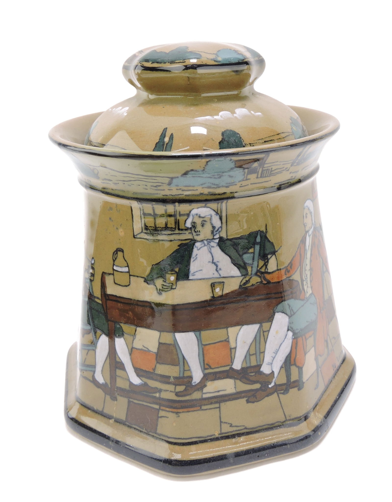 Buffalo Pottery Deldare Ware: 'Ye Lion Inn' humidor, 7"