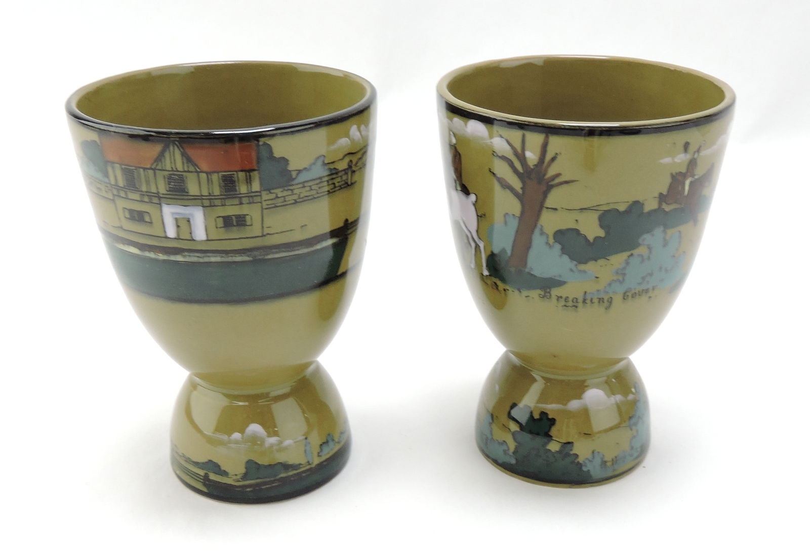 Buffalo Pottery Deldare Ware lot of: 2 egg cups, Village and Breaking Cover, 4"