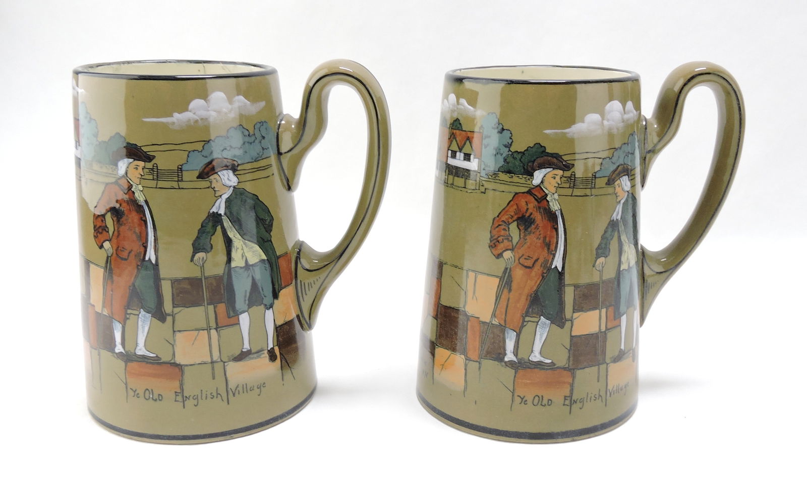 Buffalo Pottery Deldare Ware lot of: 2 large mugs, Ye Old English Village, 7", hairline to one