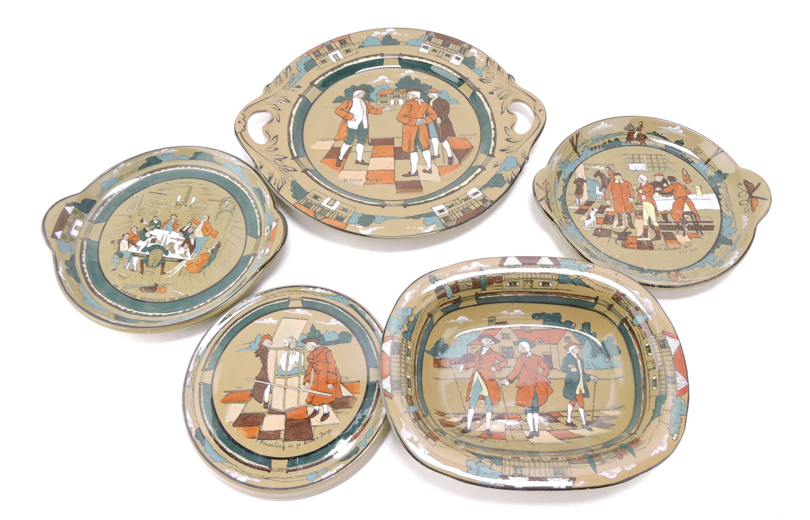 Buffalo Pottery Deldare Ware lot: of 5 trays, bowl, and trivet, 6" to 11"