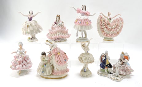 Dresden style lot of 8 lady figures
