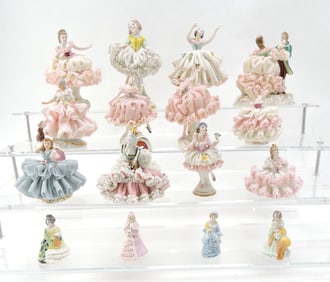 Dresden style lot of 16 lady figures