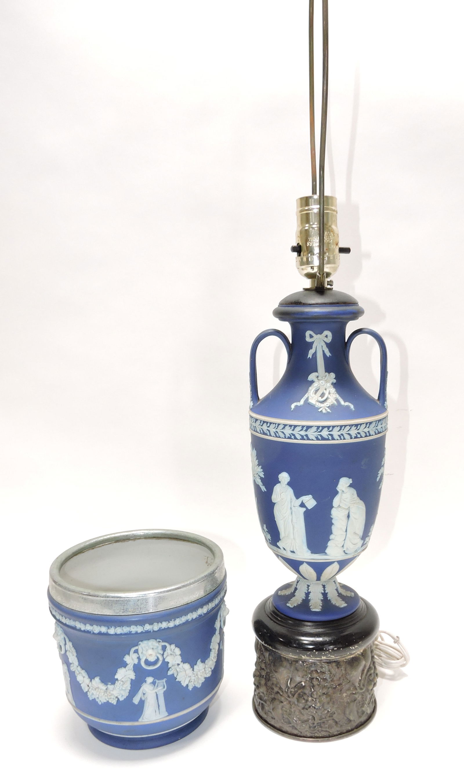 Wedgwood blue Jasperware: table lamp and wine cooler