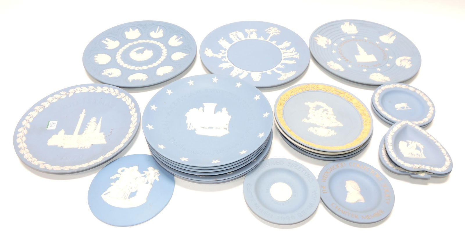 Wedgwood light blue Jasperware: lot of 21 plates/trays, 4 1/2" to 9 1/2"