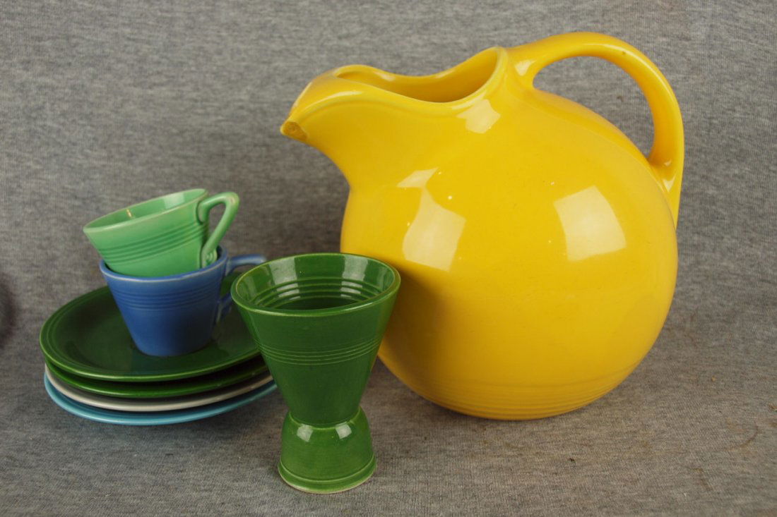 Fiesta Harlequin group - forest green egg cup, mauve b: Fiesta Harlequin group - forest green egg cup, mauve blue and green demi cups, 4 carnival saucers and yellow ball jug (rim repair)