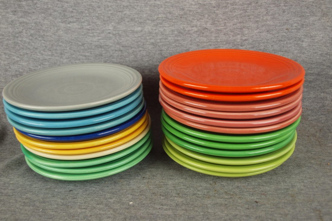 Fiesta 6" plate group - 3 chartreuse, 3 medium green, : Fiesta 6" plate group - 3 chartreuse, 3 medium green, 4 rose, 2 red, gray, 3 turquoise , cobalt, 2 yellow, ivory and 3 light green