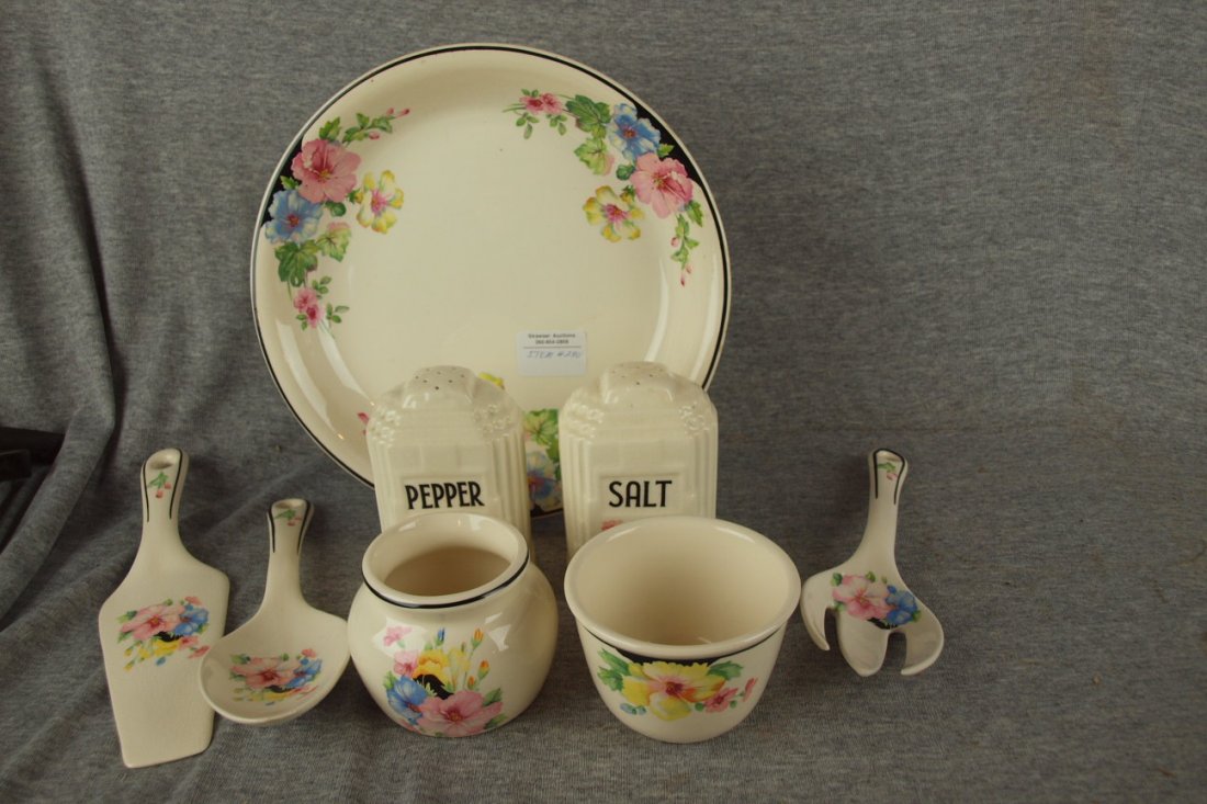 Harker Pottery Mallow group - pie plate, salt/pepper, : Harker Pottery Mallow group - pie plate, salt/pepper, 2 bean pots and 3 piece utensil set