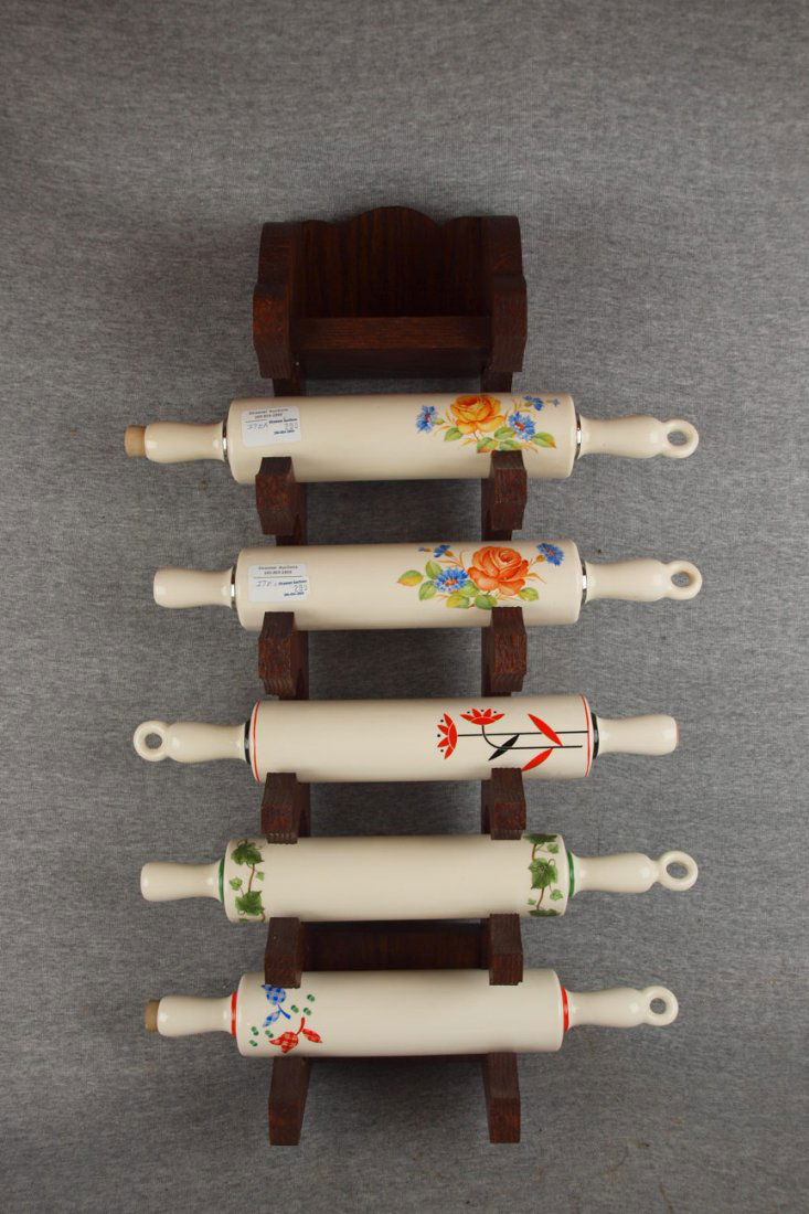 Oak rolling pin wall hanging holder, dark oak finish, : Oak rolling pin wall hanging holder, dark oak finish, holds 5 rolling pins