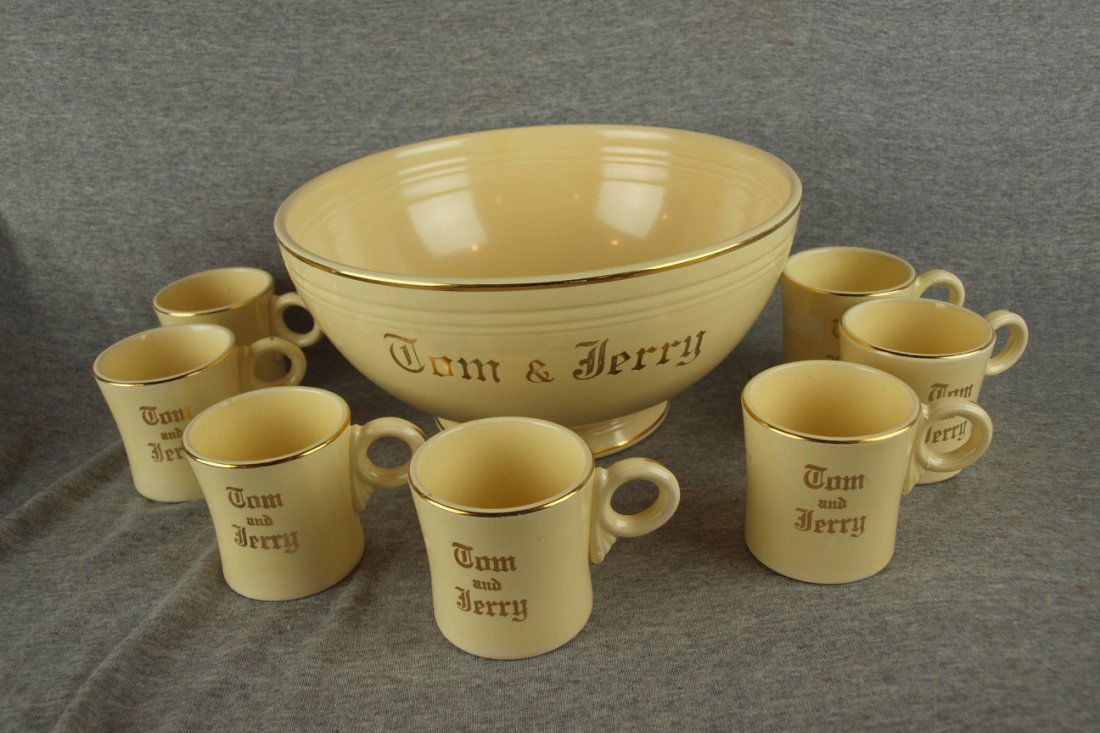 Fiesta Tom and Jerry punch set with ivory footed punch : Fiesta Tom and Jerry punch set with ivory footed punch bowl and 7 ring handled cups