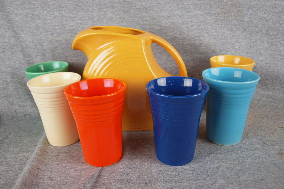 Fiesta water set with yellow disk water pitcher and ori: Fiesta water set with yellow disk water pitcher and original 6 colored water tumblers