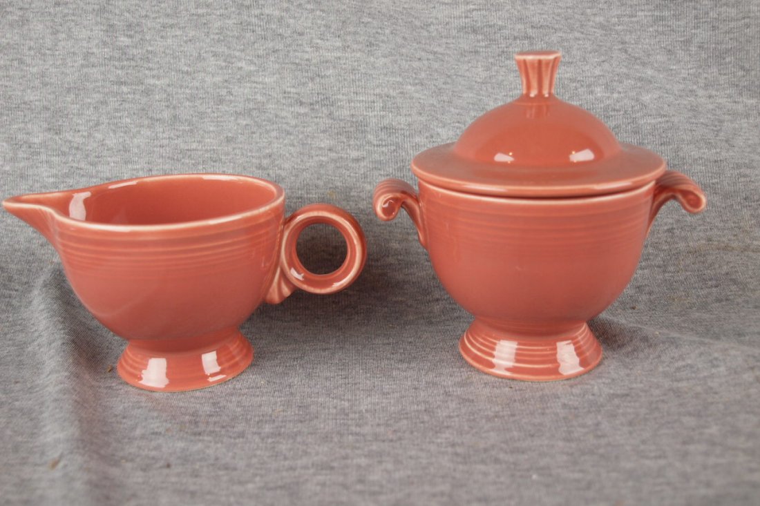 Fiesta rose cream and sugar, minor nick to finial : Fiesta rose cream and sugar, minor nick to finial