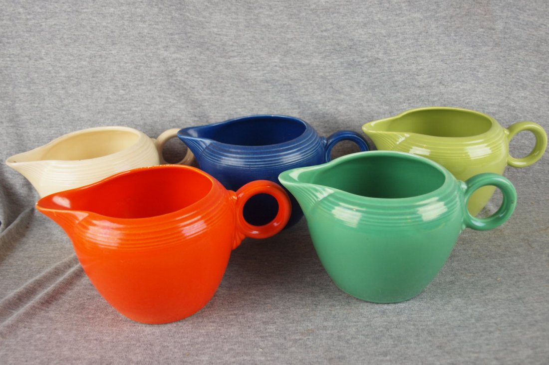 Fiesta two pint jug group - ivory, cobalt, chartreuse,: Fiesta two pint jug group - ivory, cobalt, chartreuse, red and light green, nicks and chips