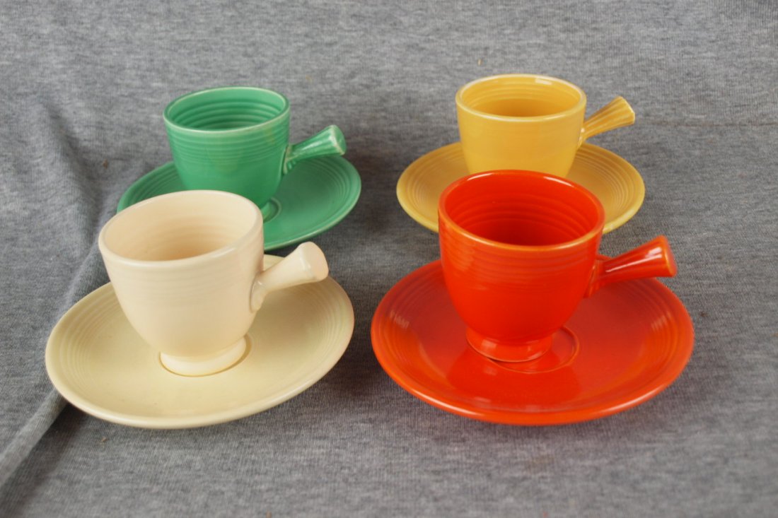 Fiesta demitasse cup and saucer group - red, ivory, li: Fiesta demitasse cup and saucer group - red, ivory, light green and yellow