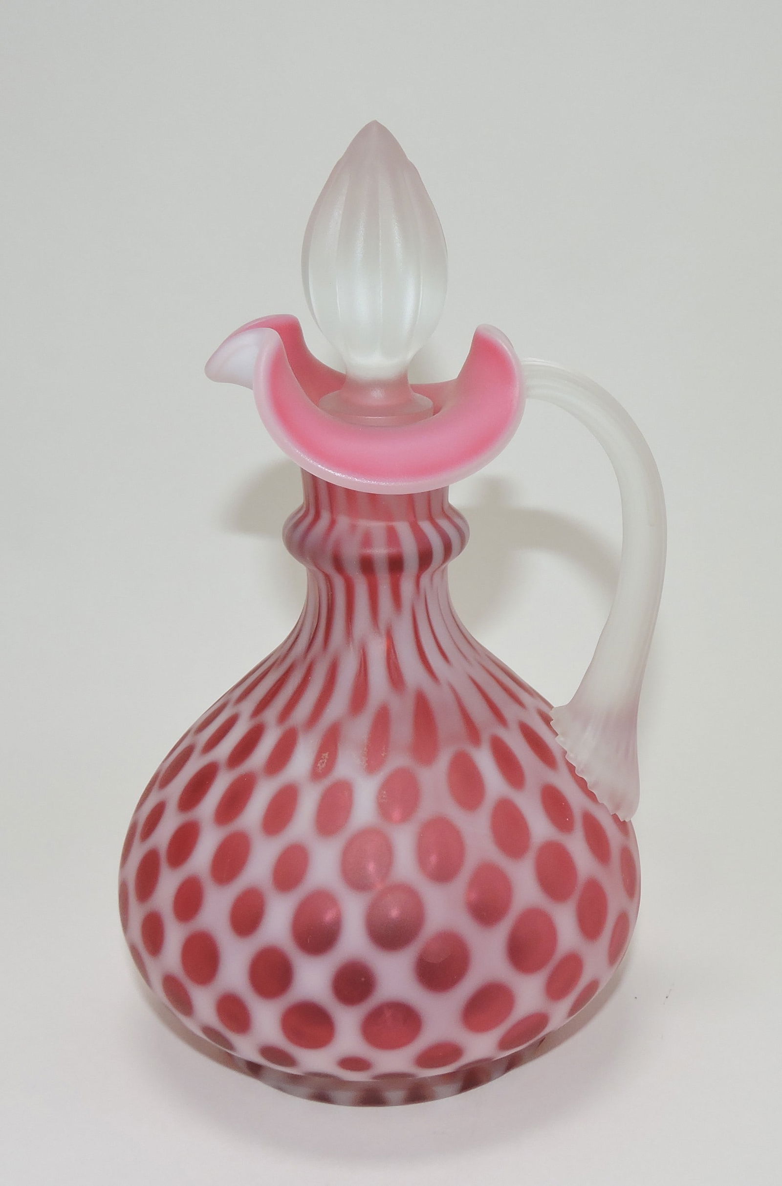 Fenton cranberry opalescent windows: satin glass cruet, 8 1/2"