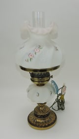 Fenton white satin glass lamp with