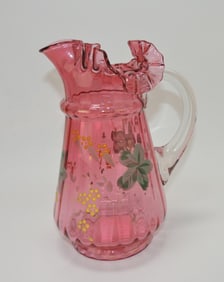 Cranberry floral enamel water pitcher,