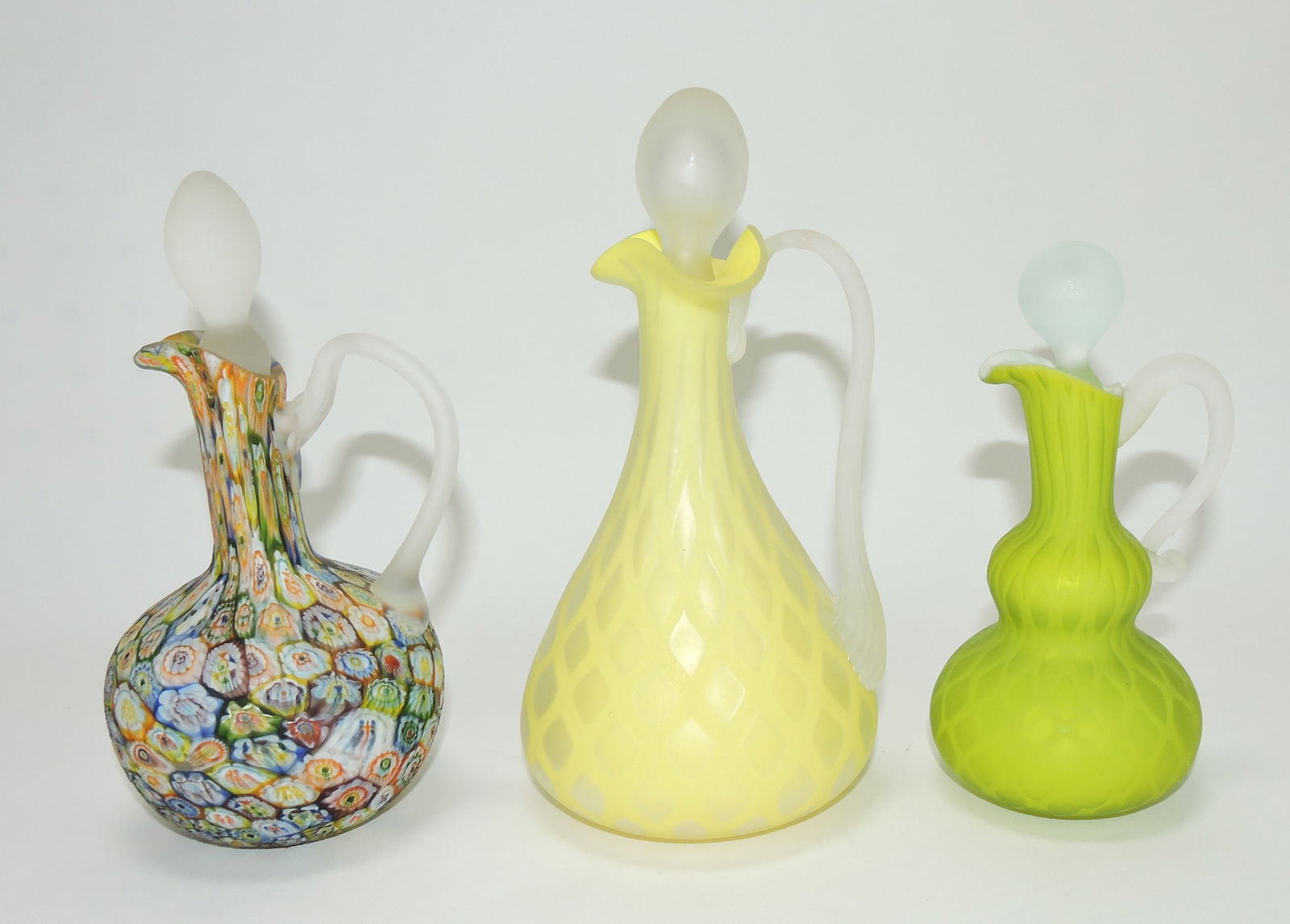 Satin glass lot of 3 cruets, 6 1/2" to: 8"