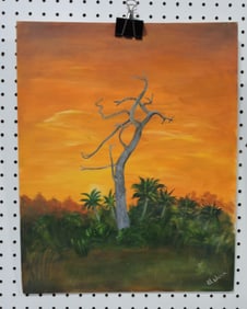 Sunset painting on board by B. Walter,