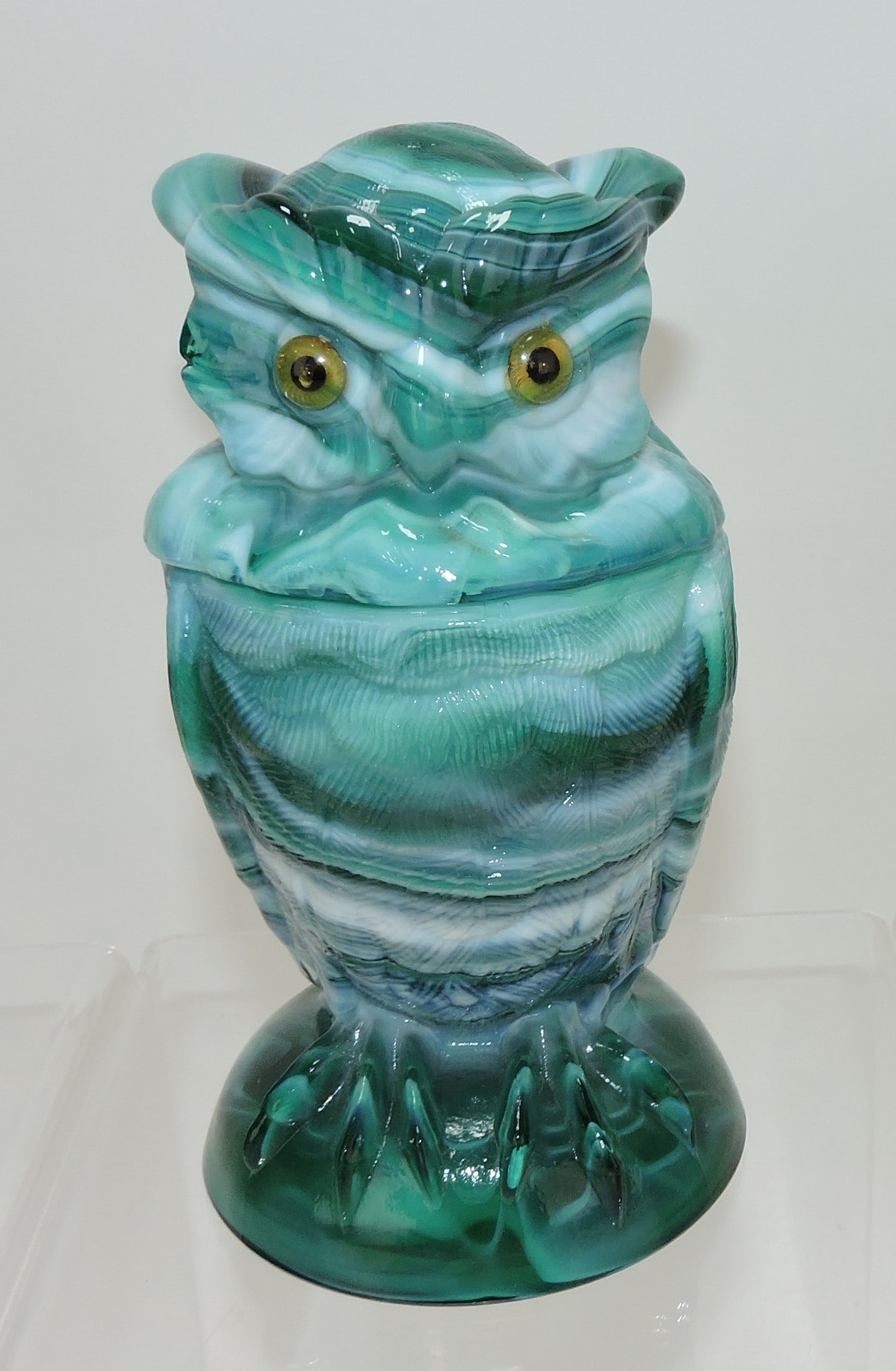 Imperial jade (green) slag owl covered: jar, 6 1/2"