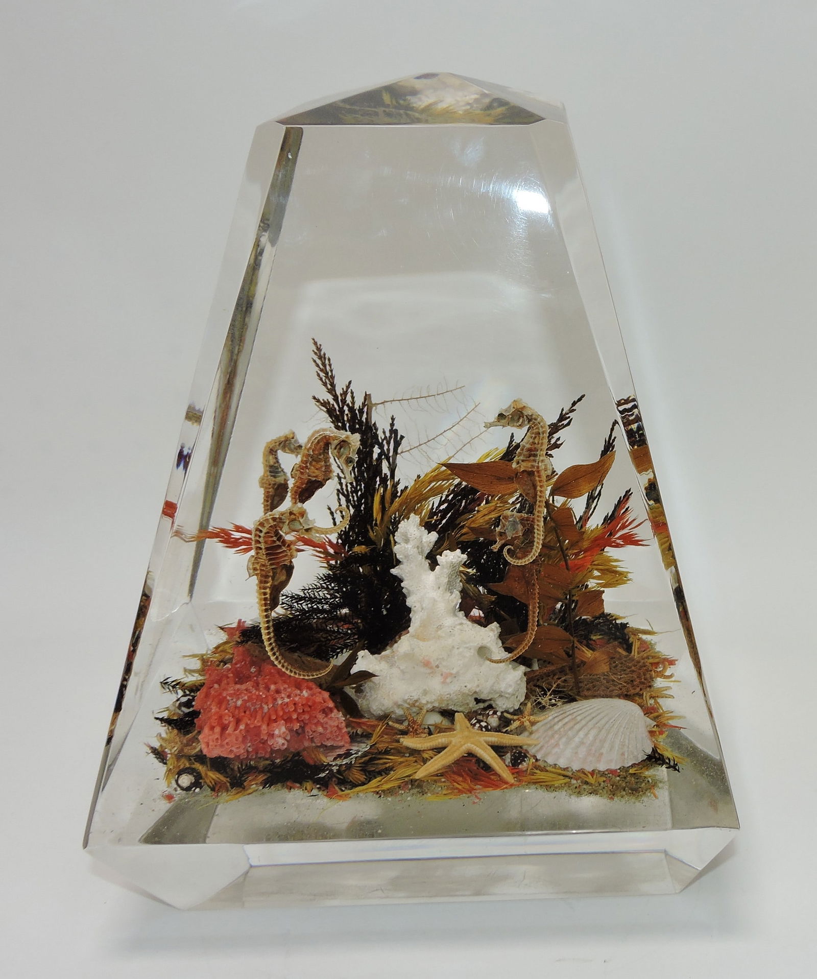 MCM Lucite obelisk with marine diorama,: 11"h, 8"w