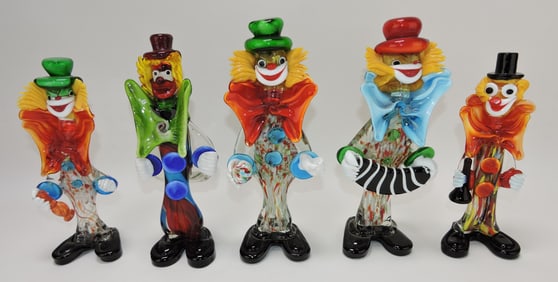 Murano lot of 5 clown figures,