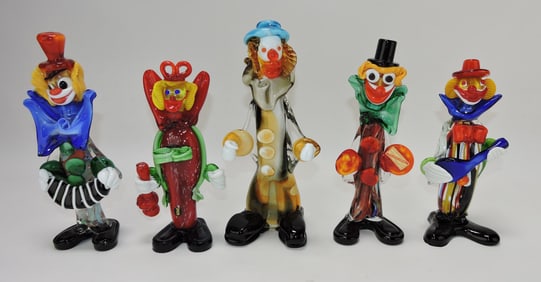 Murano lot of 5 clown figures,