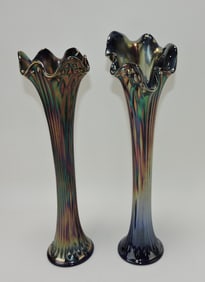 Lot of 2 cobalt carnival glass vases,