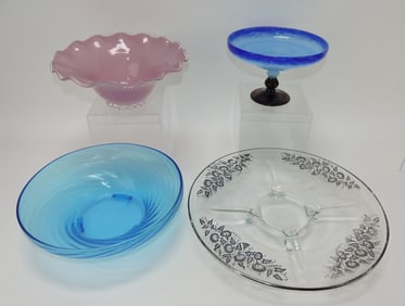 Silver overlay tray, art glass comport,