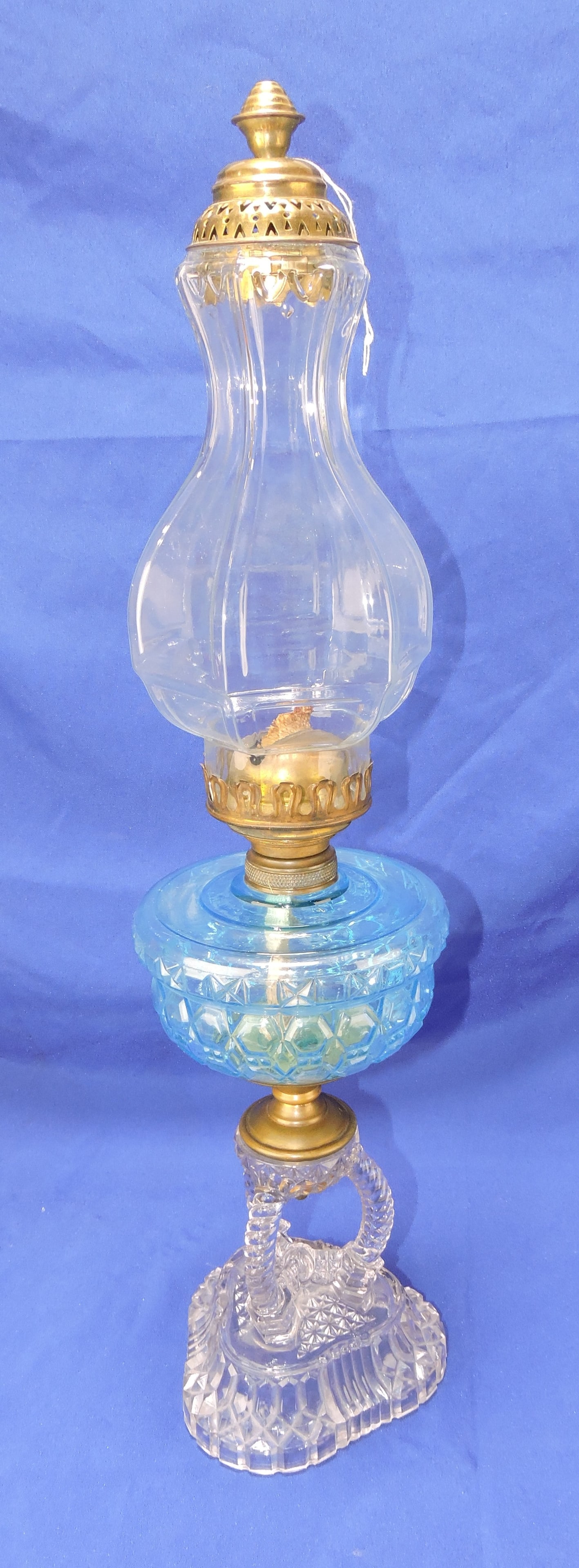 Cathedral oil lamp with sapphire blue: font, clear base, and unusual chimney, 25 1/2"