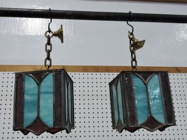 Pair of leaded stained glass hall lights,