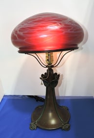 Mushroom table lamp with red art glass
