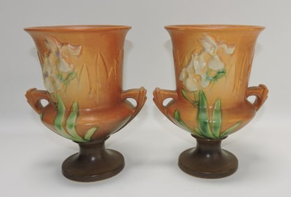 Roseville pair of Iris vases, 923-8"
