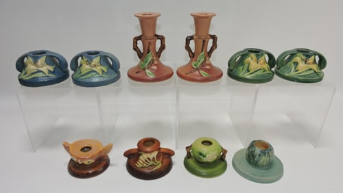 Roseville lot of 10 candle holders,